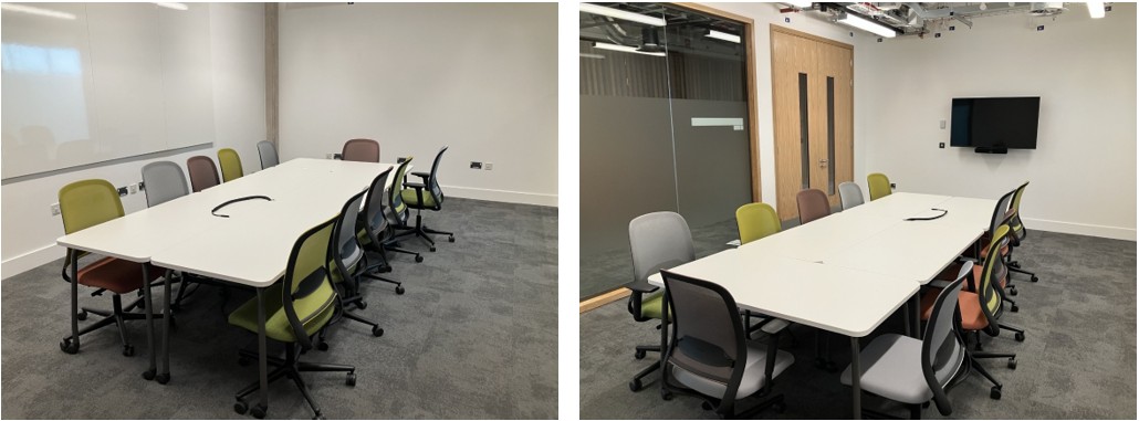 Classroom with tables and chairs.